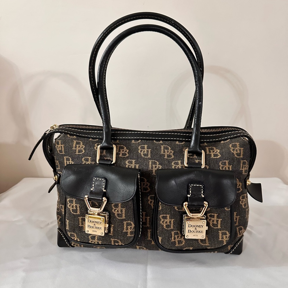 Dooney & Bourke Black and Tan Logo Satchel